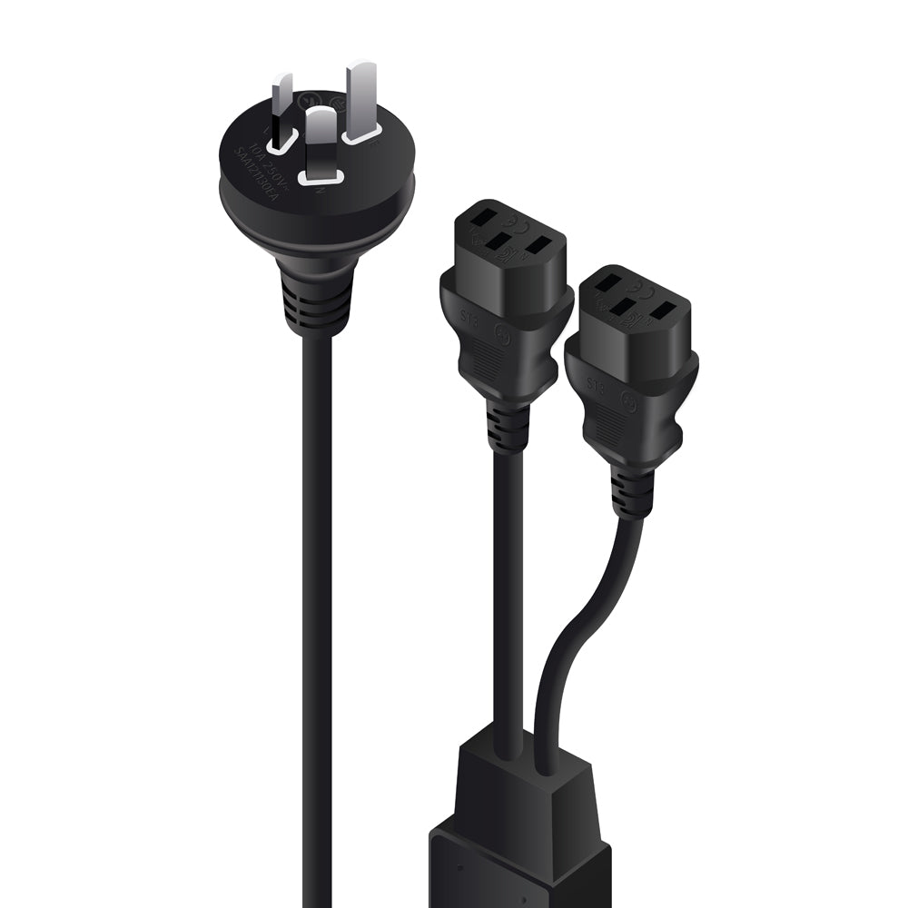 Aus 3 Pin Mains Plug to 2 X IEC C13 Y Splitter Cable - Male to 2 X Female (10A) - 2m