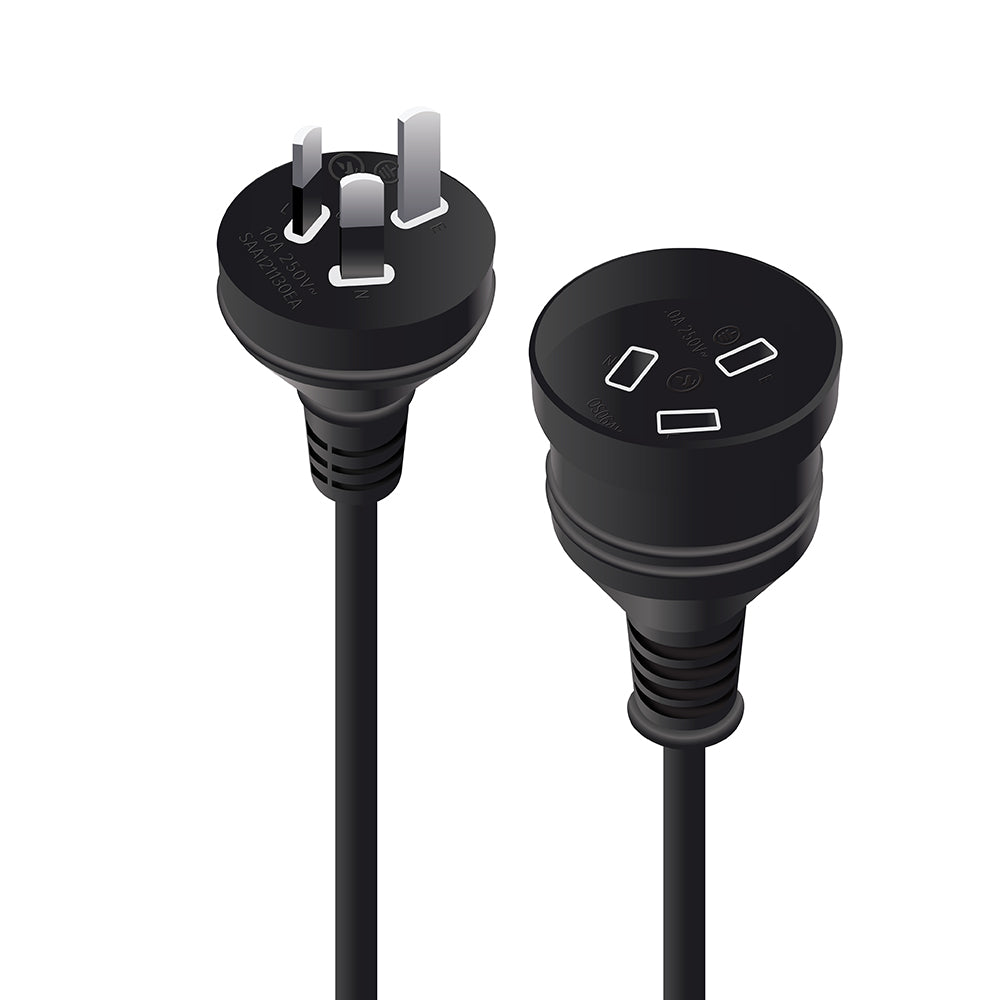 Aus 3 Pin Mains Power Extension Cable - Male to Female - Black - 3m