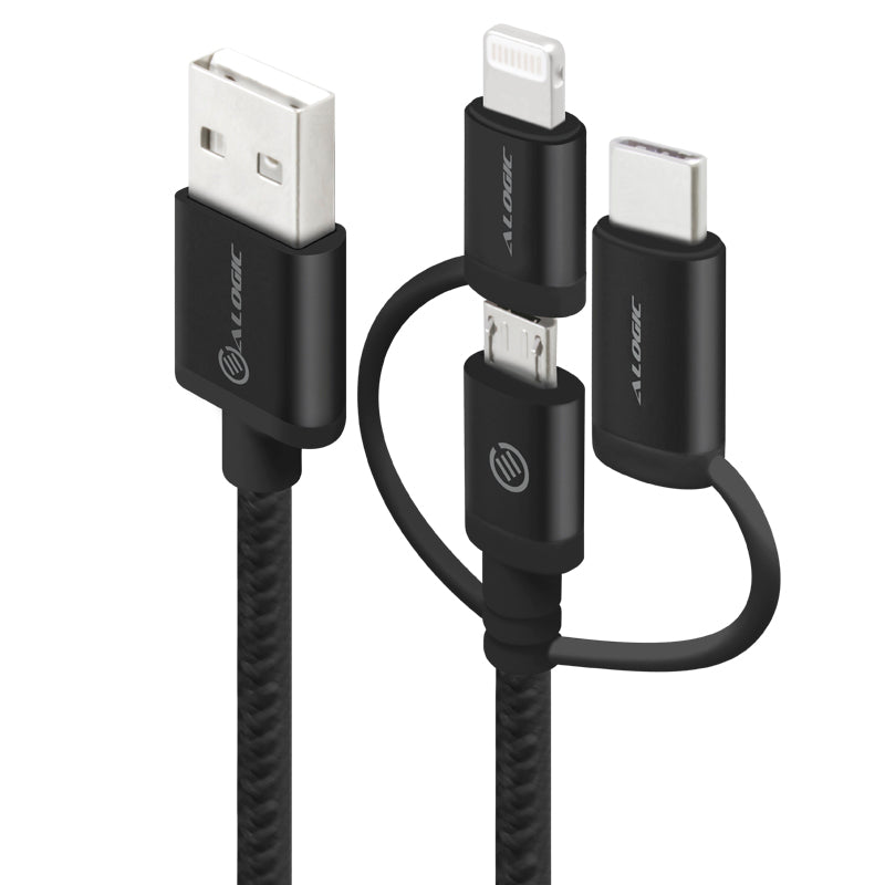 3-in-1 Charge & Sync Combo Cable - Micro USB + Lightning + USB-C - Prime Series - 30cm - Black