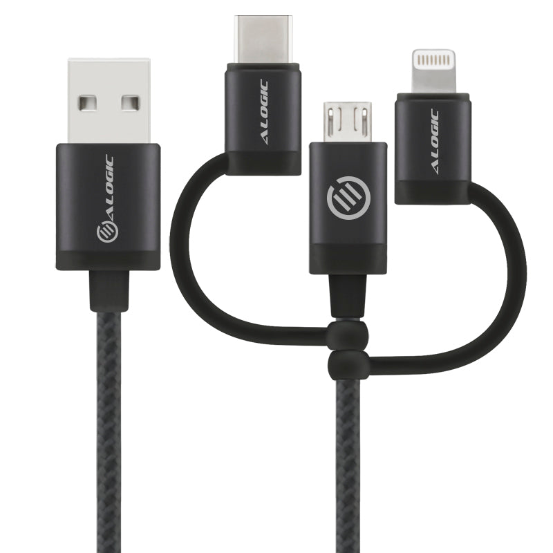 3-in-1 Charge & Sync Combo Cable - Micro USB + Lightning + USB-C - Prime Series - 30cm - Black